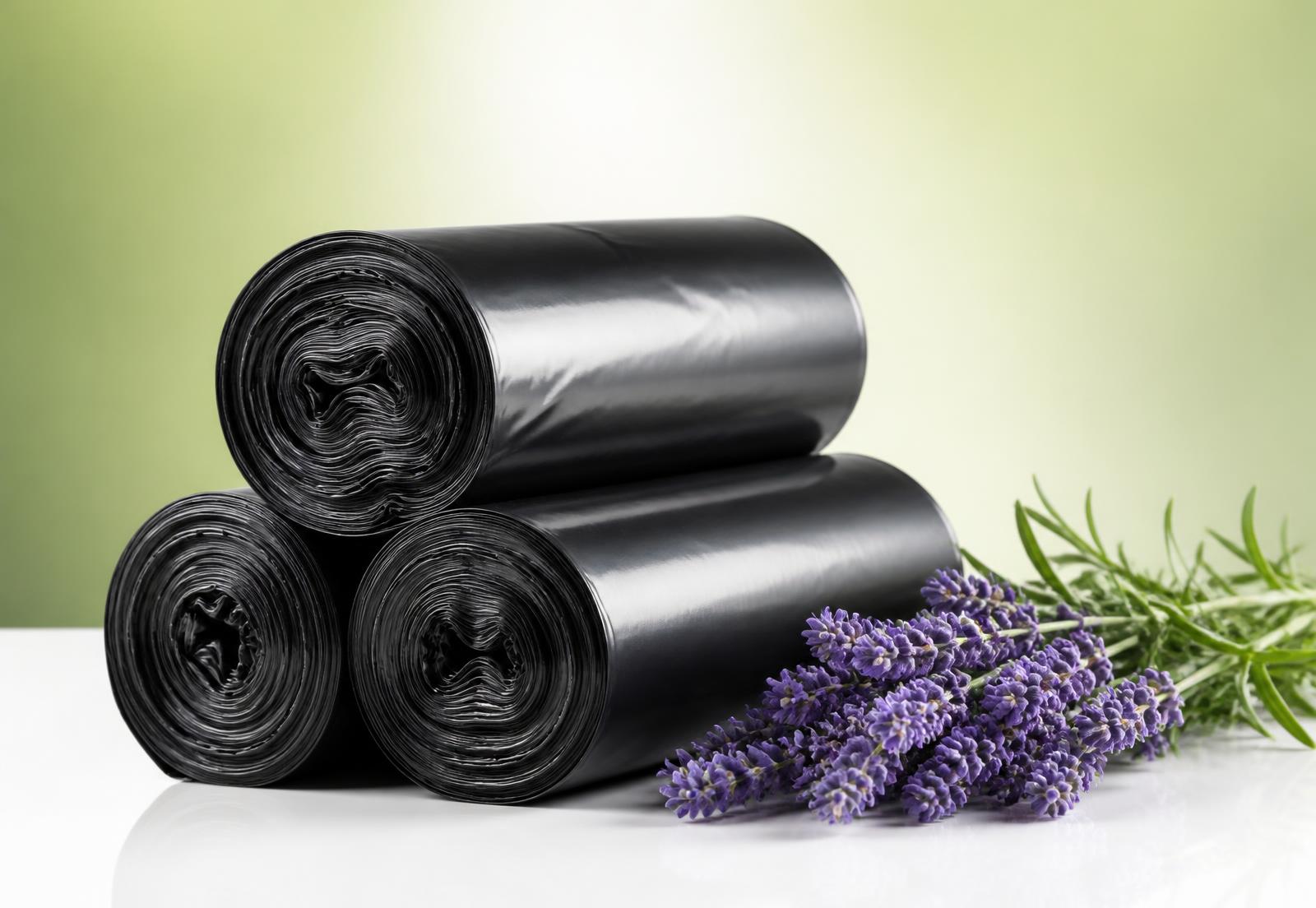 Rolos de sacos de lixo pretos resistentes com ramos de lavanda
